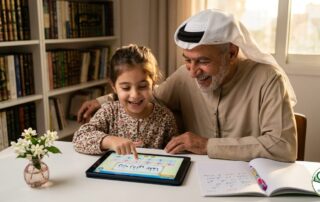A student and teacher engaged in a lesson at the best online Quran academy for kids, Alnoor Academy.