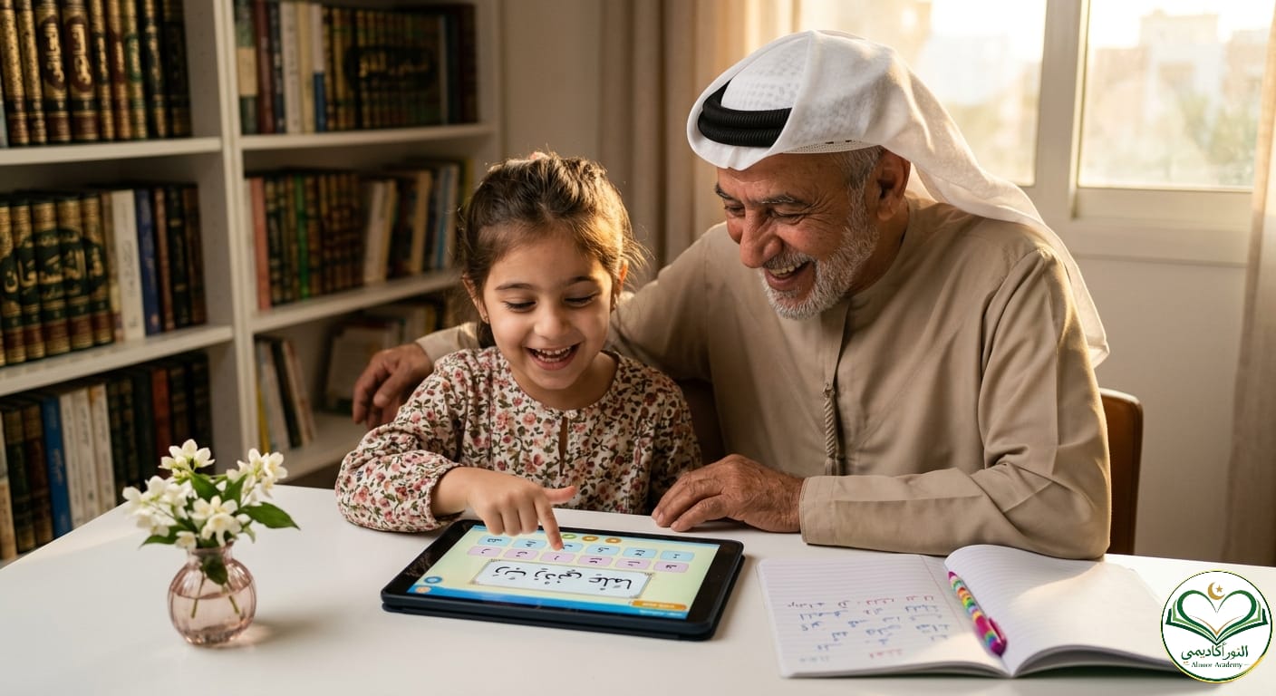 A student and teacher engaged in a lesson at the best online Quran academy for kids, Alnoor Academy.