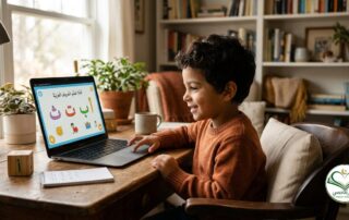 Child learning Noorani Qaida online at Alnoor Academy.