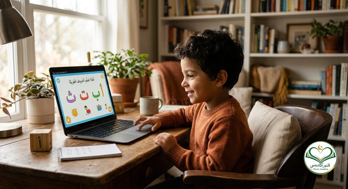 Child learning Noorani Qaida online at Alnoor Academy.