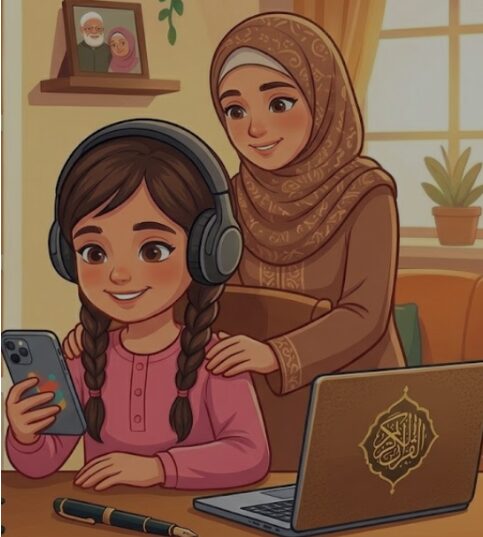 Child building a strong Islamic identity through online Quran learning.