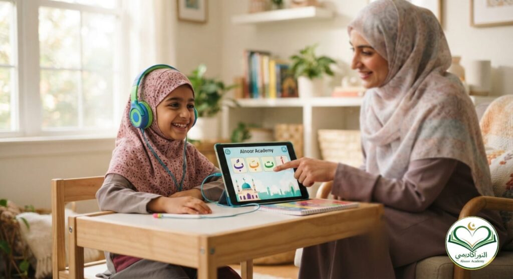 A happy young girl using a tablet for an online Noorani Qaida lesson at Alnoor Academy with her mother's support.