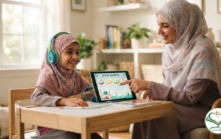 A happy young girl using a tablet for an online Noorani Qaida lesson at Alnoor Academy with her mother's support.