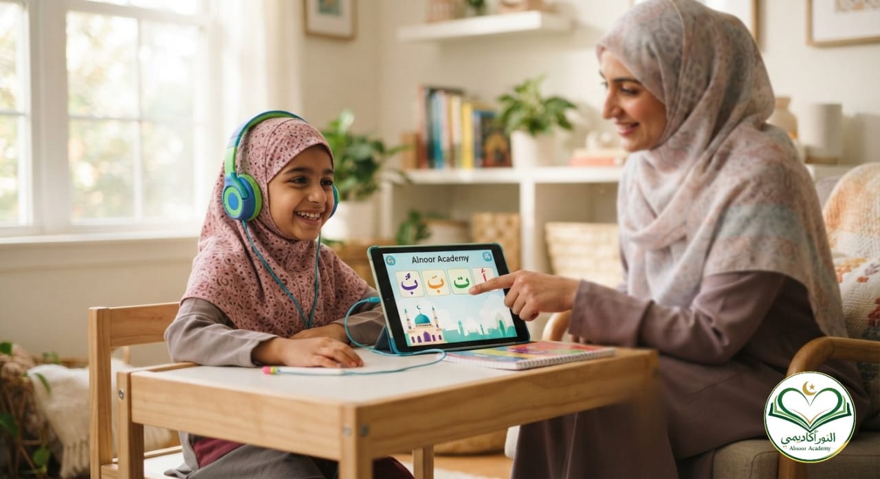 noorani-qaida-learning-alnoor-academy.jpeg A happy young girl using a tablet for an online Noorani Qaida lesson at Alnoor Academy with her mother's support.